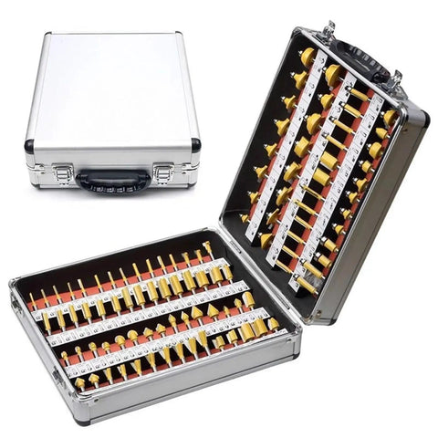 Heavy Duty Tungsten Carbide Router Bit Set Quarter Inch Shank Woodworking Milling Cutter Kit in storage case, 100 bits visible.