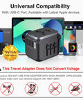 All In One International Travel Plug Adapter With USB C And Four USB Ports, shown with various devices, black color