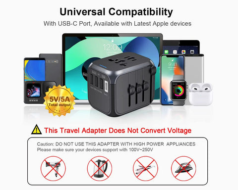 All In One International Travel Plug Adapter With USB C And Four USB Ports, shown with various devices, black color