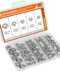 304 Stainless Steel Flange Nuts Assortment Kit 80 Piece Set 5 Sizes Serrated Hex Lock Nuts in a clear organizer box.