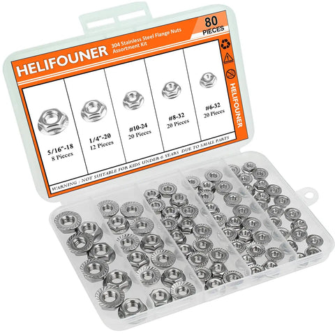 304 Stainless Steel Flange Nuts Assortment Kit 80 Piece Set 5 Sizes Serrated Hex Lock Nuts in a clear organizer box.
