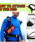 5ft Surface Marker Buoy For Diver Safety High Visibility Open Bottom SMB attached to diver's BCD with top D ring, elastic rope