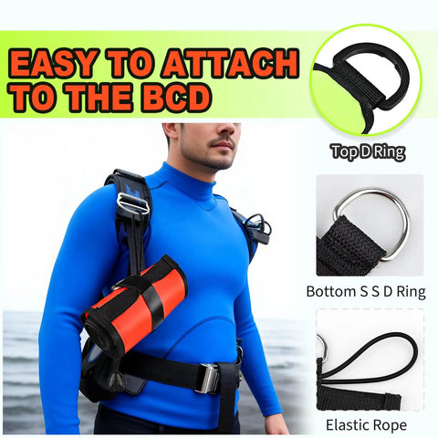 5ft Surface Marker Buoy For Diver Safety High Visibility Open Bottom SMB attached to diver's BCD with top D ring, elastic rope