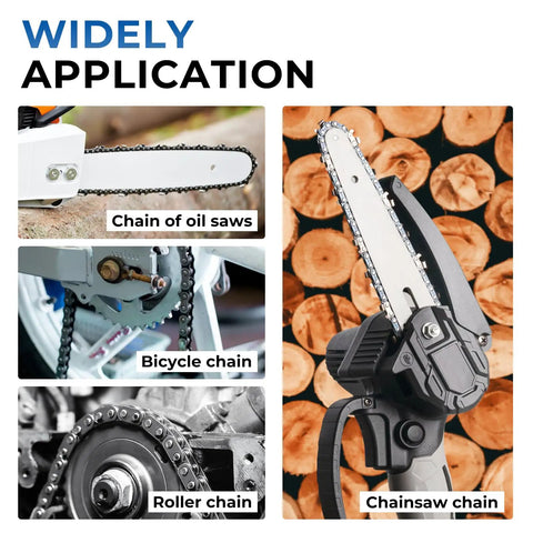 Chainsaw Chain Breaker Kit With Two Punches And Base shown in use with chainsaw, bicycle, and roller chains for maintenance