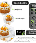 Wireless cam remote with telephoto and wide-angle control next to images showing different camera focus modes for Vlogging Hand Grip Tripod