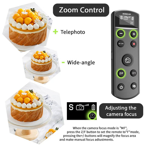 Wireless cam remote with telephoto and wide-angle control next to images showing different camera focus modes for Vlogging Hand Grip Tripod