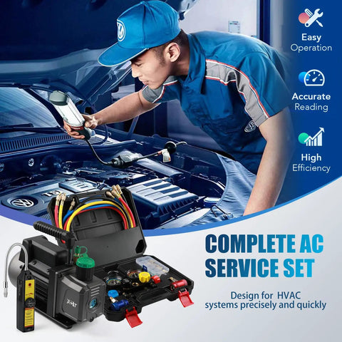 Pro Grade Vacuum Pump Kit With 4 Way Manifold Gauge And Leak Detector For Auto AC Service, One Third HP Single Stage Pump, in case