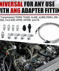 Universal 6AN 70 Inch Stainless Steel Braided PTFE Transmission Fluid Oil Cooler Hose Kit With AN6 Fittings next to engine bay