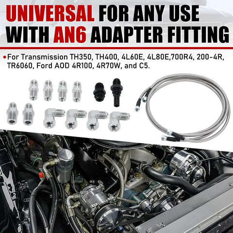 Universal 6AN 70 Inch Stainless Steel Braided PTFE Transmission Fluid Oil Cooler Hose Kit With AN6 Fittings next to engine bay