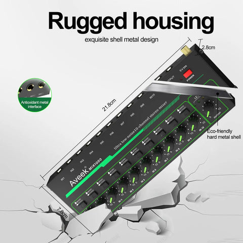 10 Channel Mini Stereo Audio Mixer Low Noise For Precision Sub Mixing Quarter Inch TRS Input Output