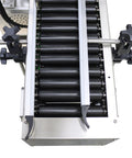 Automatic Desktop Conveyor Roller Labeling Machine For Round Bottles, adjustable guide rails and roller system detail.