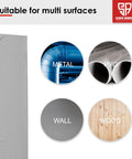 Heavy Duty Duct Tape That Works Like A Charm, Waterproof Tear By Hand Adhesive No Residue, Five Pack Extra Long And Strong Rolls, Grey Packing Tape representation showing multi-surface suitability: metal, PVC, wall, wood.