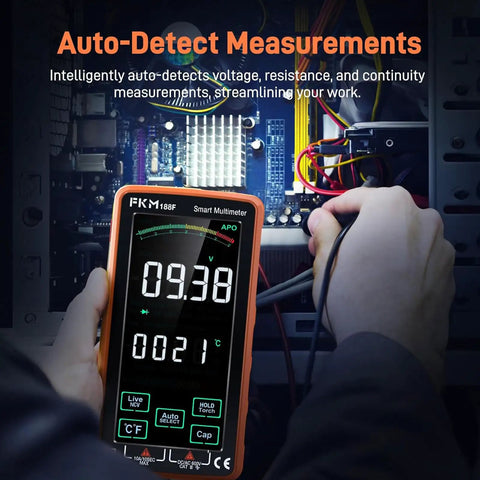 Compact Digital Multimeter Tester With 5 Inch Touch Screen Auto Ranging TRMS 6000 Counts in use for electronic testing