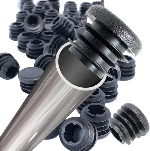 Awesome 8-Piece Black Plastic End Cap Set With Round Blanking Plugs And Pipe Inserts For Chair Legs, Tubes, And Hydraulic Systems Including O-Ring Sizes From 10Mm To 60Mm Perfect For Sealing And Stopping Flow In Any Cool Setup Today. black plastic pipe end caps on a metal tube