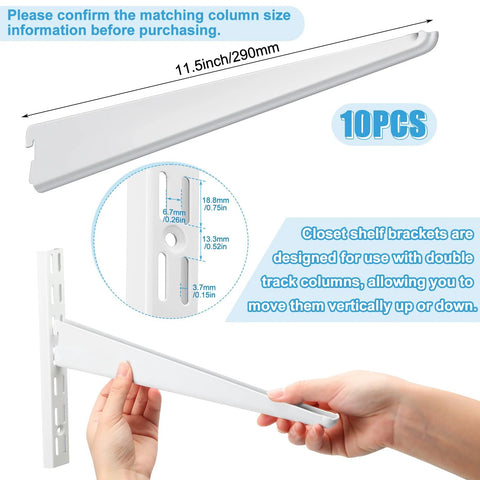 10 Pack Adjustable Shelf Brackets For Double Track System Closet Organization Heavy Duty Wire Shelf Brackets White 11.5 Inches