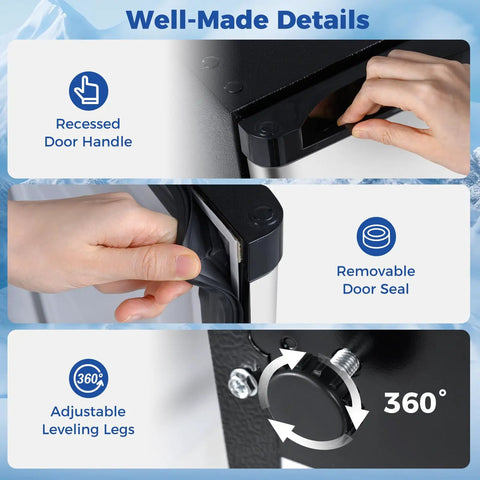 Compact Upright Freezer Featuring Tunable Thermostat And Snap Out Shelves showing details of recessed door handle, removable door seal, and adjustable leveling legs.