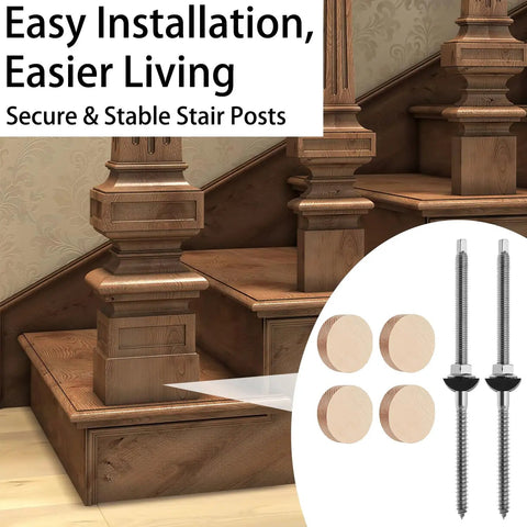 Heavy Duty Two Pack Wood Newel Post Mounting Kit With Rust Proof Steel Lag Bolts Curved Washers And Premium White Oak Plugs installed on elegant wooden staircase.