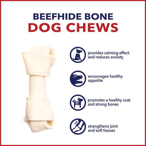 Image of American Beefhide Knotted Bones Dog Chew Treats four to five inch long lasting natural flavor twenty two count pack.