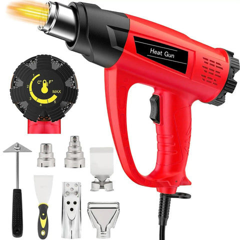 Heavy Duty 1800W Heat Gun Kit With Dual Temperature Settings Up To 1112F (600C) And 752F (400C), Includes 5 Nozzles, Red Design