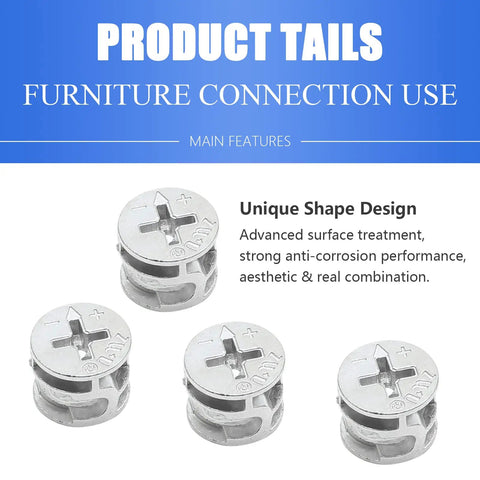 Heavy Duty Cam Lock Fittings For Furniture Assembly 10 Piece Pack of Rust Proof Nickel Plated Carbon Steel Locking Nuts showing unique design.