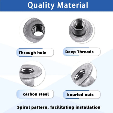 Heavy Duty 85Pc Tee Nut Kit With M4 M5 M6 M8 M10 Round Base Weld T Nuts For Shop Builds And Home Fixes detailed view of carbon steel nuts with deep threads and through holes.