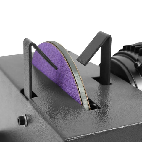 Heavy Duty Bench Mount Lawn Mower Blade Sharpener view showing the seven inch ceramic grinding wheel for precision sharpening.