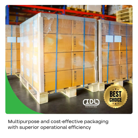 Pallets secured with CEP-48 V-Board Reinforced Cardboard Edge Protector Heavy-Duty 2 In x 2 In x 48 In White Kraft for shipping