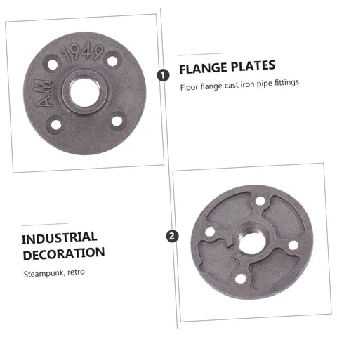 Top and bottom view of 4 Pack Malleable Cast Iron Floor Flange Pipe Fittings for DIY Industrial Shelving and Vintage Furniture Decor