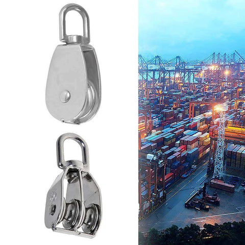 M15 Double Pulley Block Stainless Steel Heavy Duty Hardware Double Wheel Swivel Rigging Lifting Wheel Fixed Pulley for Wire Rope Loading 35kg next to a shipping port view.
