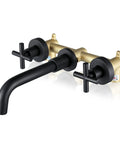 Matte Black Wall Mount Bathroom Faucet With Two-Handle Design, Honeycomb Spout For Less Splash, 8 Inch Center Rough-In Valve Included