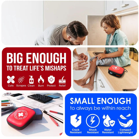 Everlit Care Mini-Aid first aid kits, 3-pack in red compact carabiner cases, front-view collage