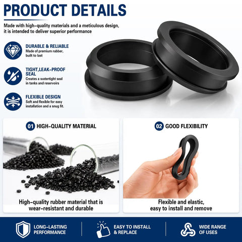 Flexible Rubber Tank Bulkhead Adapters For Sealing, 1-1/4 Inch Fit, showing black rubber materials and flexibility.