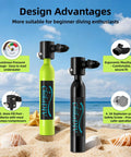 Two Ultra Portable 0.5L Mini Scuba Tank Kits on beach showing features like pressure gauge and ergonomic mouthpiece.