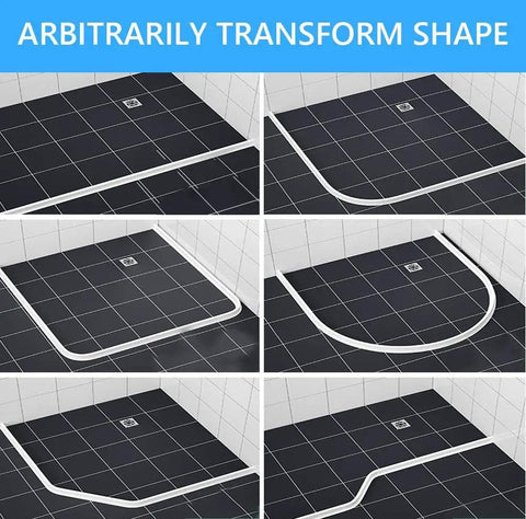 67 Inch Collapsible Shower Water Dam Barrier Keeps Water In The Shower And Prevents Wet Floor Mess In Bathroom And Kitchen shown in various shapes