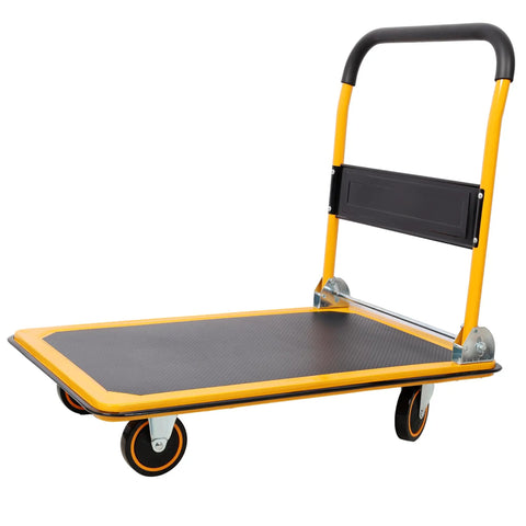 Heavy Duty Foldable Platform Push Cart With 660 Lb Capacity, Steel Construction And Swivel Casters For Smooth Mobility, Your Go To Haul Buddy For Warehouse, Garage Or Home Workshop, angled view