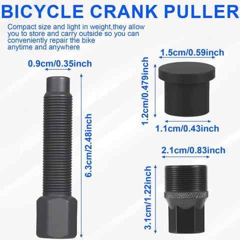Compact Black Bicycle Crank Puller Tool with size measurements for universal compatibility and removal, steel swivel pulley design