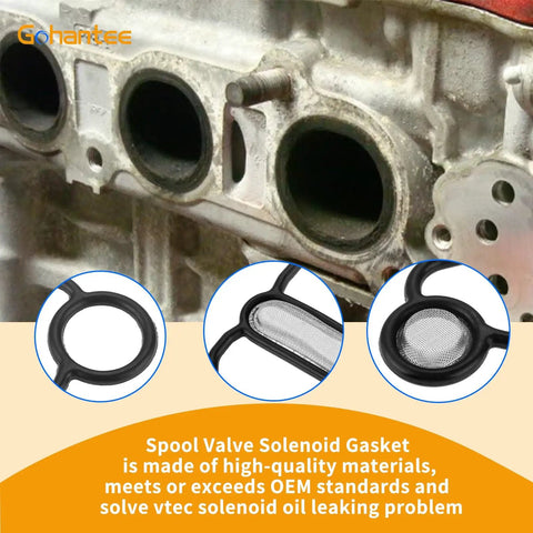 VTEC Solenoid Seal Kit Honda Upper And Lower Gasket Replacement For B16A2 B18C1 B18C5 GSR Type R DC Engine Models Plug And Play Solution To Stop Oil Leaks, showing gasket components and installation area on engine block.