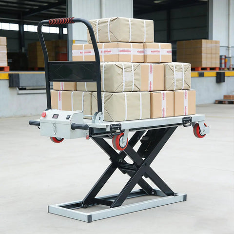 No Sweat Hydraulic Scissor Lift Platform And Portable Flatbed Dolly With Four Heavy Duty Swivel Wheels Built For Easy Shop Tasks And Smooth Transport Up To 440 Pound Capacity loaded with boxes in warehouse.
