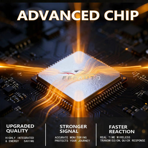 Advanced chip design showcasing energy-saving technology for Premium Pack Of Four Pre Programmed TPMS Tire Pressure Monitoring Sensors.