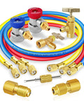 3 Piece AC Manifold Gauge Hose Set With Self Sealing Puncture Style R134A Can Taps, R134A Adjustable Quick Couplers, And Refrigerant Tank Adapters For A C Refrigerants, Charging And Diagnostics