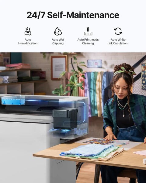 Top Shelf Apparel Printer Bundle With Seamless Humidification Dual Sensor Monitoring Integrated White Ink Cycle Heavy Duty Shaker Oven And Industrial Fume Extractor System For Hustlers showing self-maintenance features and application in a workspace.