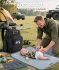 Dad Gear Tactical Diaper Bag Backpack With Changing Pad, Military MOLLE System displayed outdoors with dad changing baby