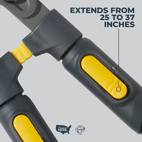 Close-up of Heavy Duty Extendable Lopper With 25 To 37 Inch Telescoping Handles, featuring yellow extension button.
