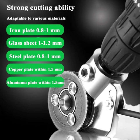 Drill Nibbler Sheet Metal Cutter Attachment close-up showing cutting ability for various materials with thickness specs