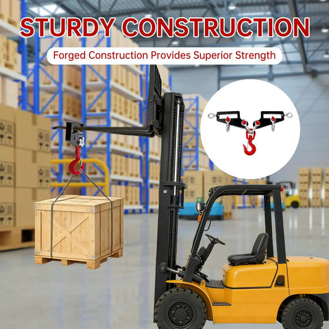 Heavy Duty Twin Forklift Lifting Hooks Featuring Bold Swivel Heads and Tight Mounting Bolts for Standard Tractor or Garage Forks No Fuss Setup solidly lifting a wooden crate in a warehouse.
