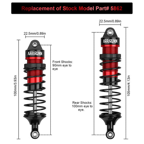 4Pcs Front And Rear RC Car Shocks Damper Assembly Set For 1 By 10 Scale RC Trucks 2WD And 4X4 Fits Slash Rustler Stampede Hoss VXL Black Red Replacement Parts Built To Last, featuring dimensions and replacement part number 5862.