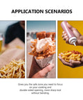 Kitchen potato cutter device collage; three-panel layout with french fries and dipping sauce.