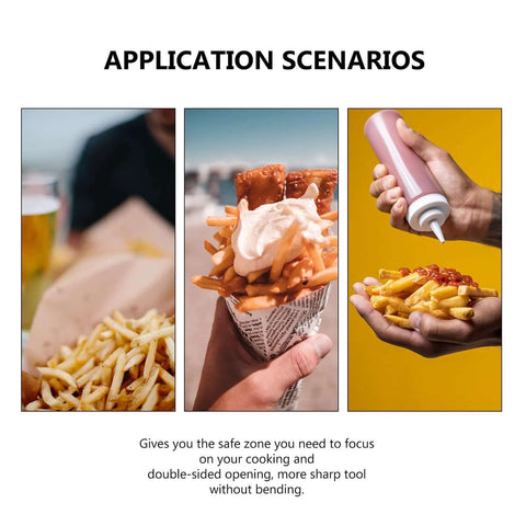Kitchen potato cutter device collage; three-panel layout with french fries and dipping sauce.