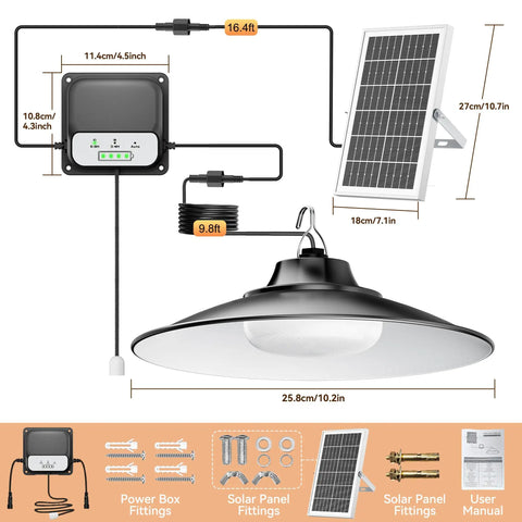 2000 Lumen Solar Shed Light With Pull Chain Switch Heavy Duty Waterproof Pendant Lamp components showing solar panel and power box installation.