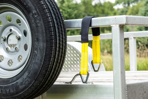 2 Inch By 24 Inch Premium Axle Tie Down Strap With D Rings, Heavy Duty Cargo Tie Down For Hauling, attached to trailer